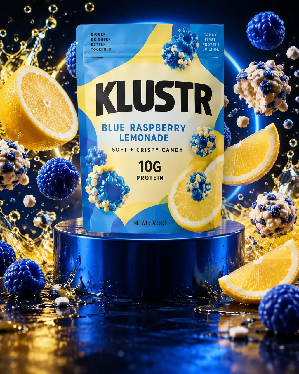 KLUSTR Blue Raspberry Lemonade concept pouch on a glossy blue podium, framed by a neon arc, lemon halves and slices, blue berries, blue-and-cream candy clusters and splash droplets