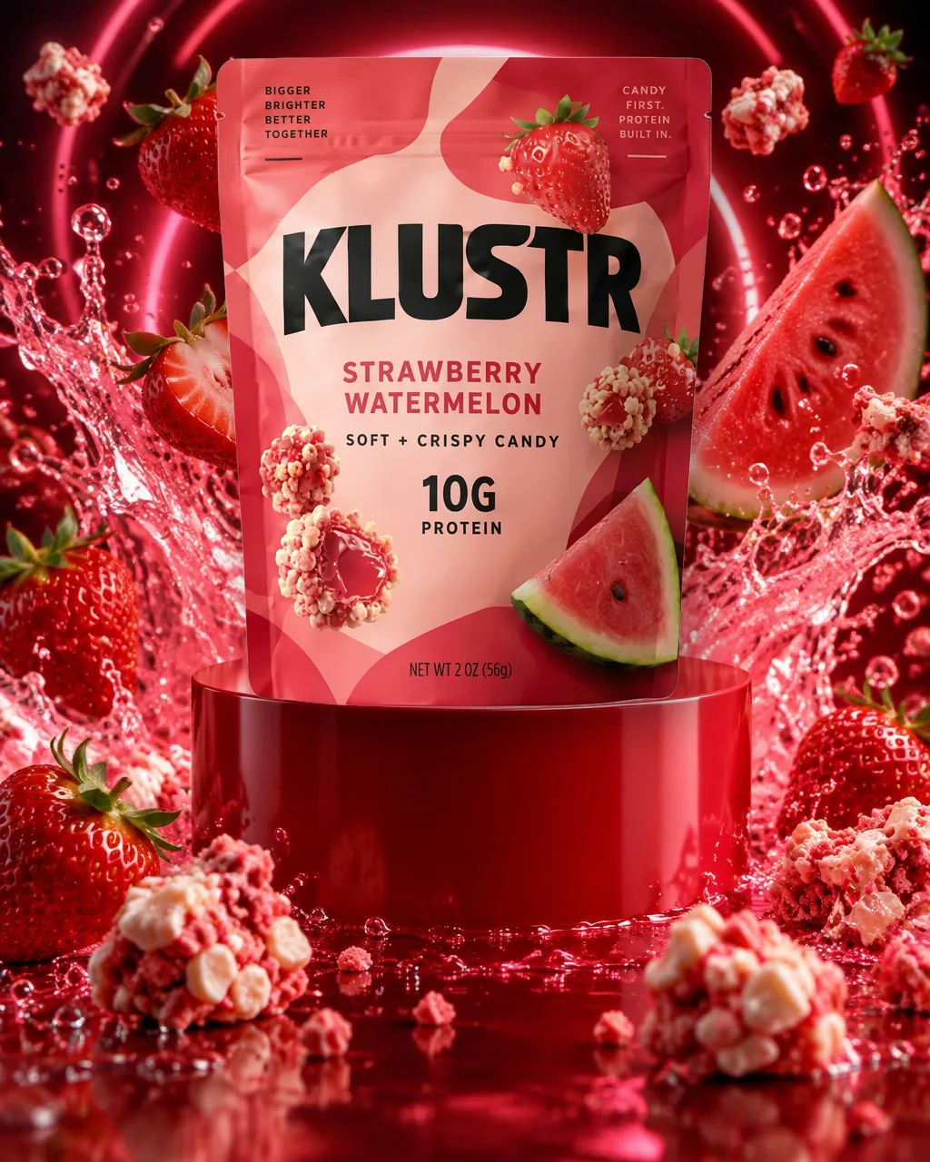 KLUSTR Strawberry Watermelon concept pouch on a glossy red pedestal, framed by a neon ring, a pink juice splash, strawberries, a watermelon wedge and strawberry-cream candy clusters